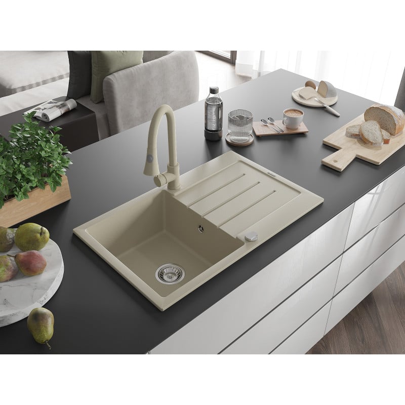 Mexen Bruno Granitspüle 1-becken mit Abtropffläche und Küchenarmatur Elia, beige - 6513-69-670101-69