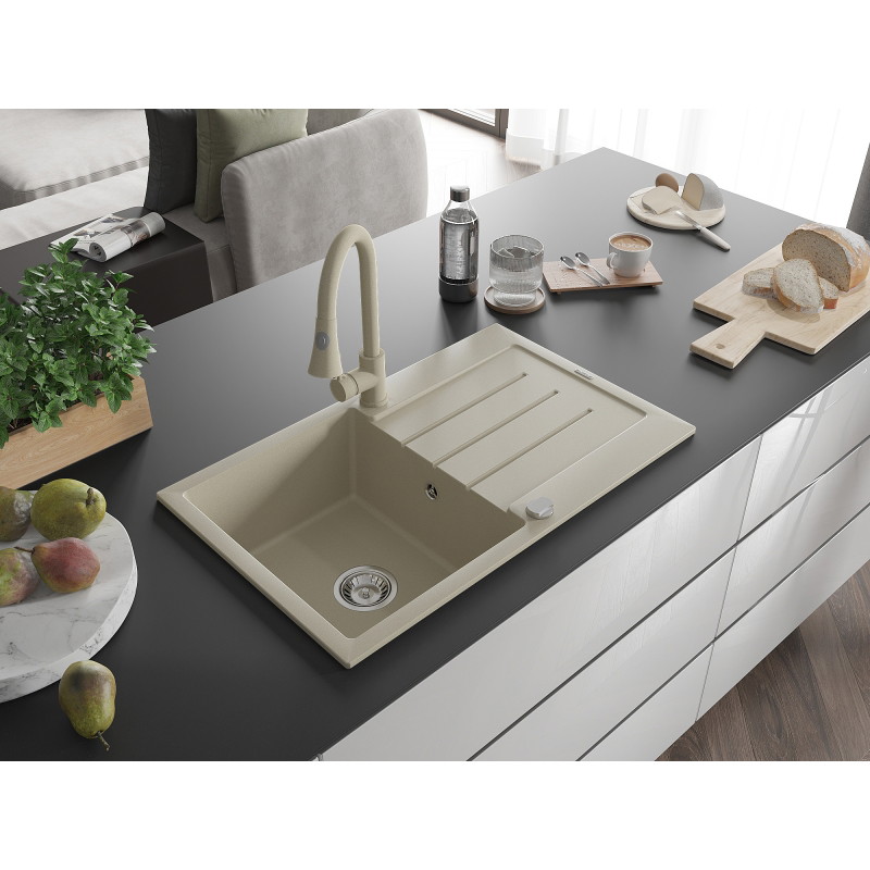 Mexen Bruno Granitspüle 1-beckig mit Abtropffläche und Küchenarmatur Elia, beige - 6513-69-670101-69