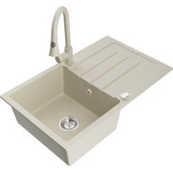 Mexen Bruno 1 Becken-Granitspüle mit Abtropffläche und Mischbatterie Elia, Beige - 6513-69-670101-69