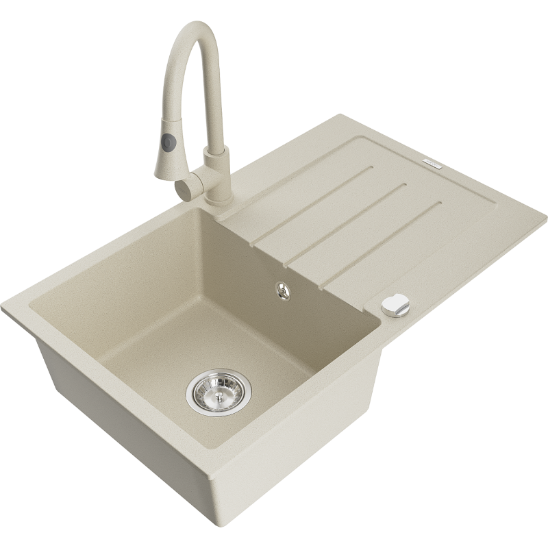 Mexen Bruno Granitspüle 1-becken mit Abtropffläche und Küchenarmatur Elia, beige - 6513-69-670101-69