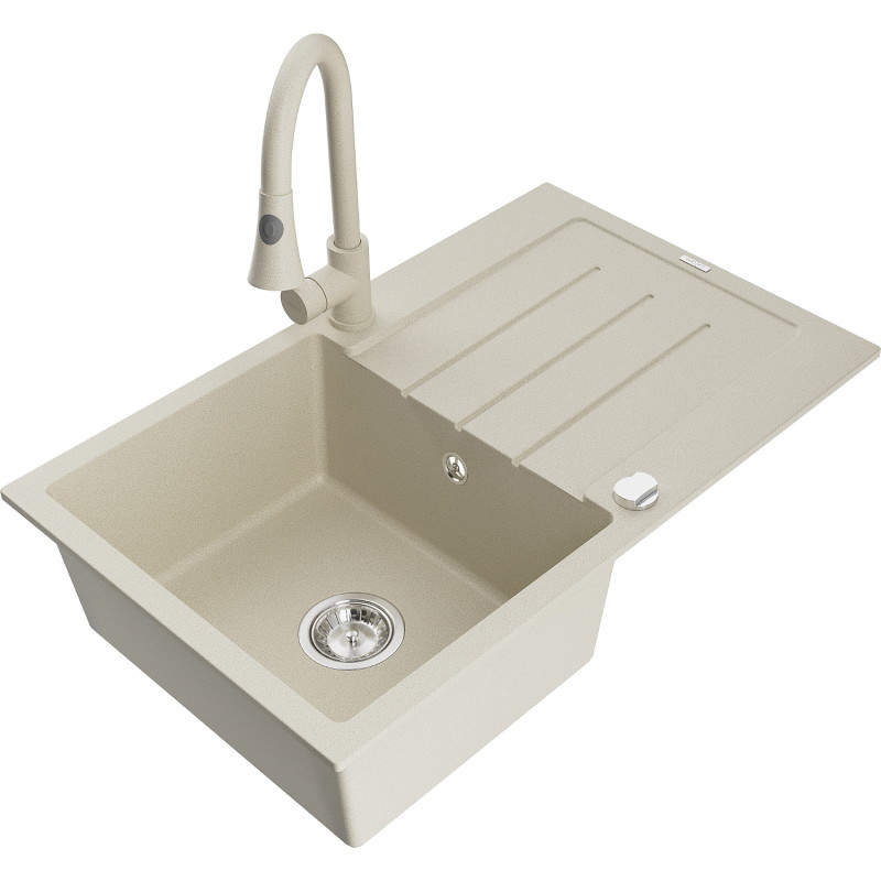 Mexen Bruno Granitspüle 1-beckig mit Abtropffläche und Küchenarmatur Elia, beige - 6513-69-670101-69