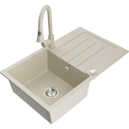 Mexen Bruno Granitspüle 1-becken mit Abtropffläche und Küchenarmatur Elia, beige - 6513-69-670101-69