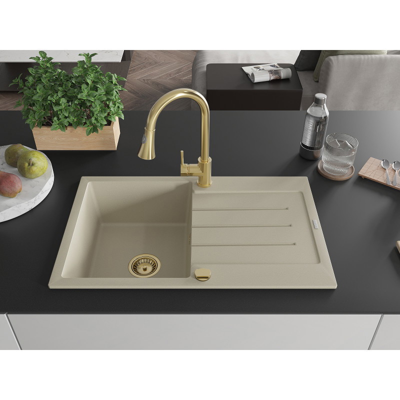 Mexen Bruno Granitspüle 1-beckig mit Abtropffläche und Küchenarmatur Elia, beige - 6513-69-670101-50