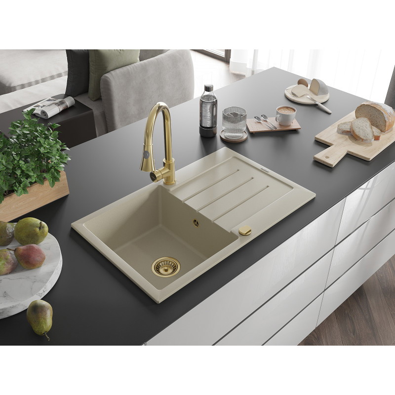 Mexen Bruno Granitspüle 1-beckig mit Abtropffläche und Küchenarmatur Elia, beige - 6513-69-670101-50