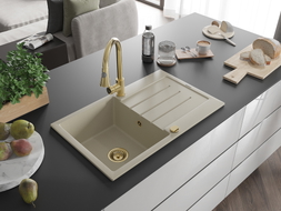 Mexen Bruno granitspüle 1-becken mit abtropffläche und küchenarmatur Elia, beige - 6513-69-670101-50