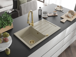 Mexen Bruno Granitspüle 1-beckig mit Abtropffläche und Küchenarmatur Elia, beige - 6513-69-670101-50