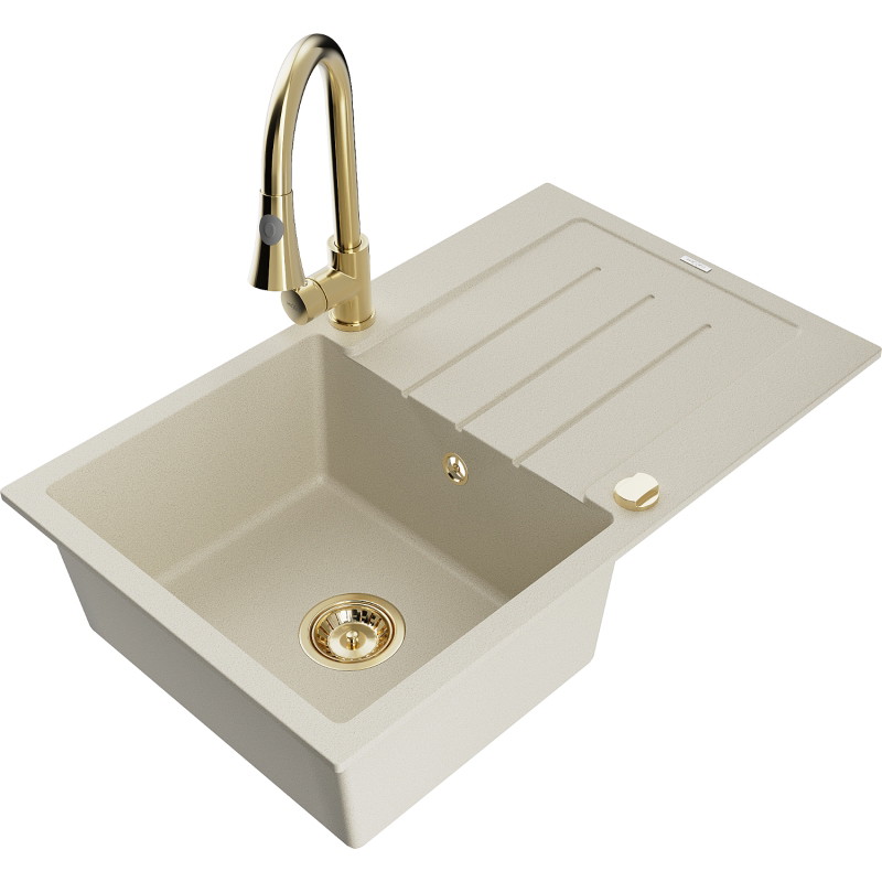 Mexen Bruno granitspüle 1-becken mit abtropffläche und küchenarmatur Elia, beige - 6513-69-670101-50