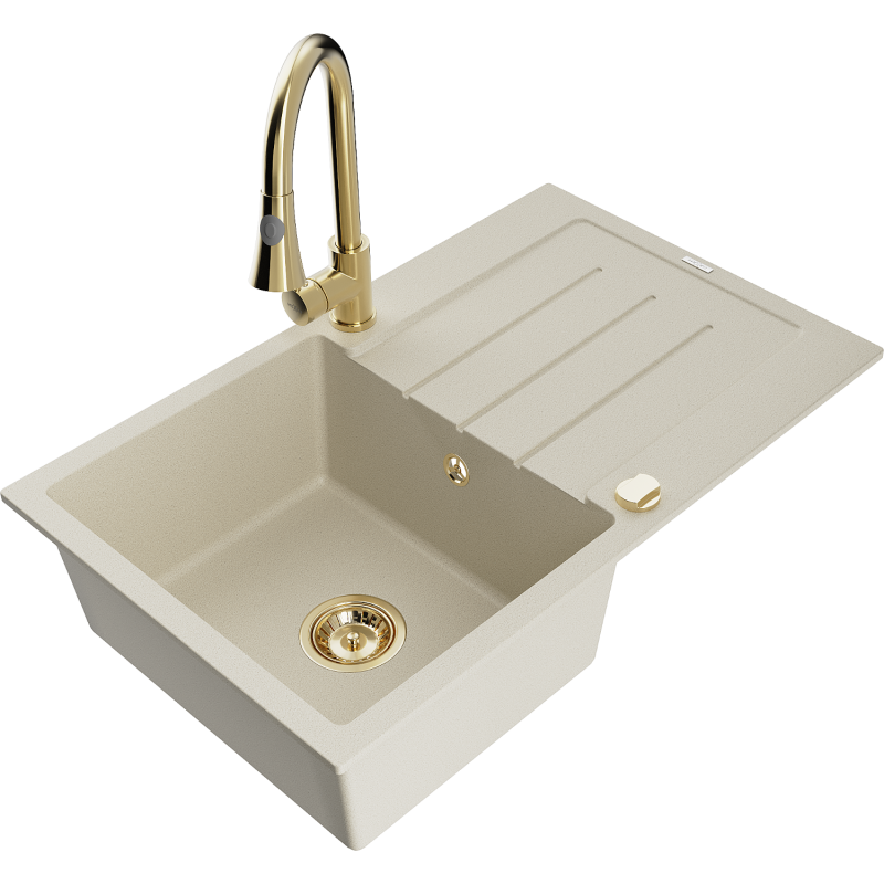 Mexen Bruno Granitspüle 1-beckig mit Abtropffläche und Küchenarmatur Elia, beige - 6513-69-670101-50