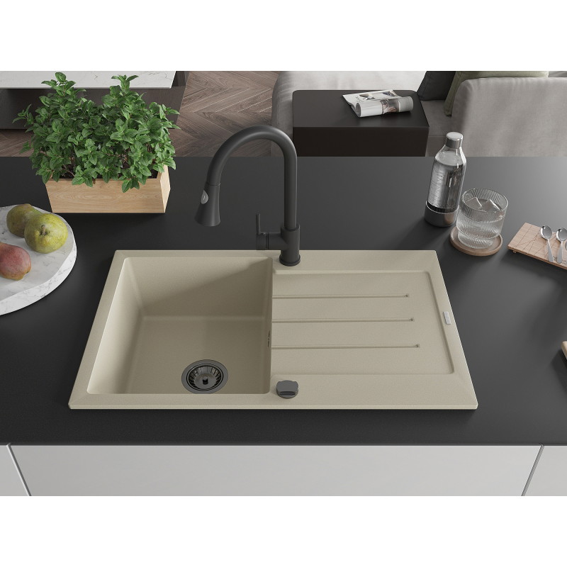 Mexen Bruno Granitspüle 1-becken mit Abtropffläche und Küchenarmatur Elia, beige - 6513-69-670101-70