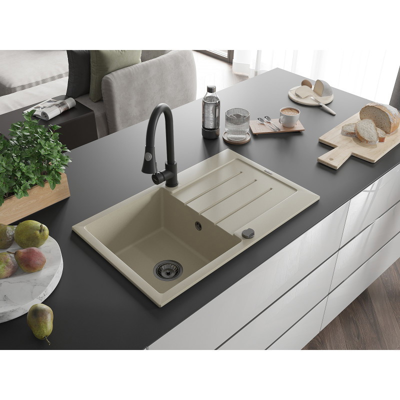 Mexen Bruno Granitspüle 1-beckig mit Abtropffläche und Küchenarmatur Elia, beige - 6513-69-670101-70