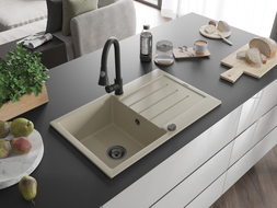 Mexen Bruno Granitspüle 1-beckig mit Abtropffläche und Küchenarmatur Elia, beige - 6513-69-670101-70
