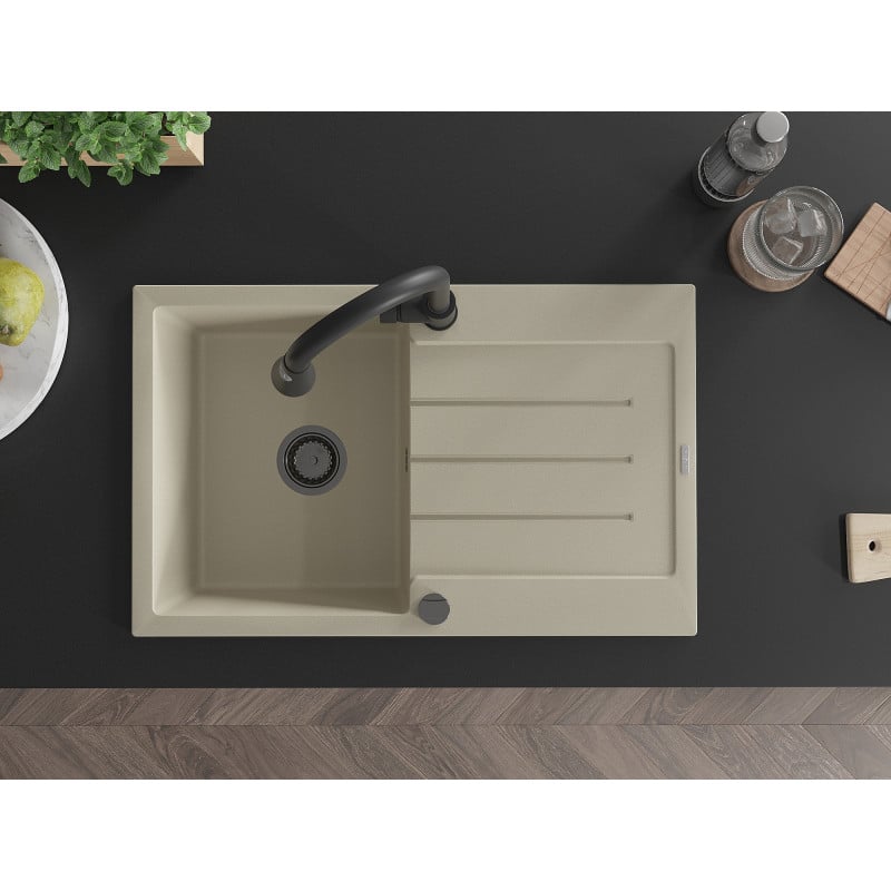 Mexen Bruno Granitspüle 1-beckig mit Abtropffläche und Küchenarmatur Elia, beige - 6513-69-670101-70