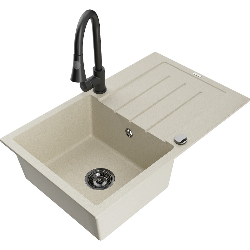 Mexen Bruno Granitspüle 1-becken mit Abtropffläche und Küchenarmatur Elia, beige - 6513-69-670101-70