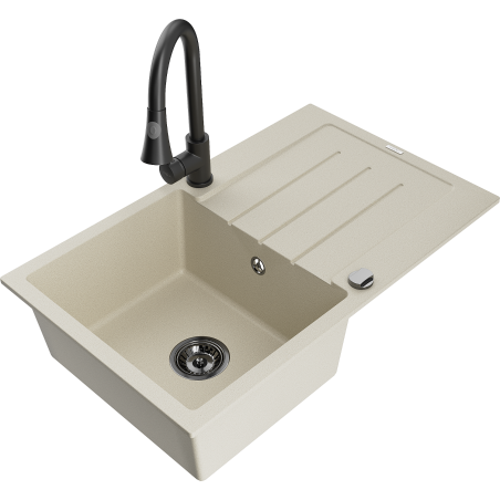 Mexen Bruno Granitspüle 1-becken mit Abtropffläche und Küchenarmatur Elia, beige - 6513-69-670101-70