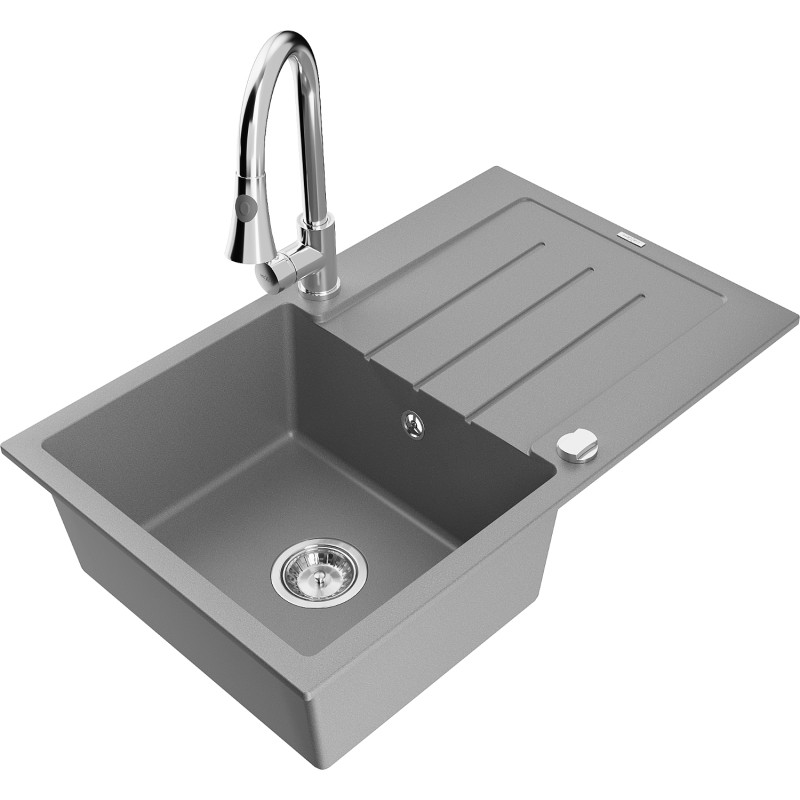Mexen Bruno Granitspüle 1-Becken mit Abtropffläche und Küchenarmatur Elia, grau - 6513-71-670101-00