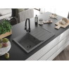 Mexen Bruno 1-Kammer Granitspüle mit Abtropffläche und Küchenarmatur Elia, grau - 6513-71-670101-70-B