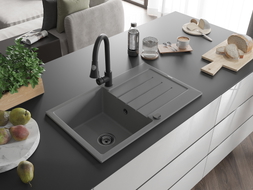 Mexen Bruno 1-Kammer Granitspüle mit Abtropffläche und Küchenarmatur Elia, grau - 6513-71-670101-70-B