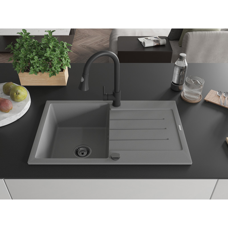 Mexen Bruno Granitspüle 1-Becken mit Abtropffläche und Küchenarmatur Elia, grau - 6513-71-670101-70-B