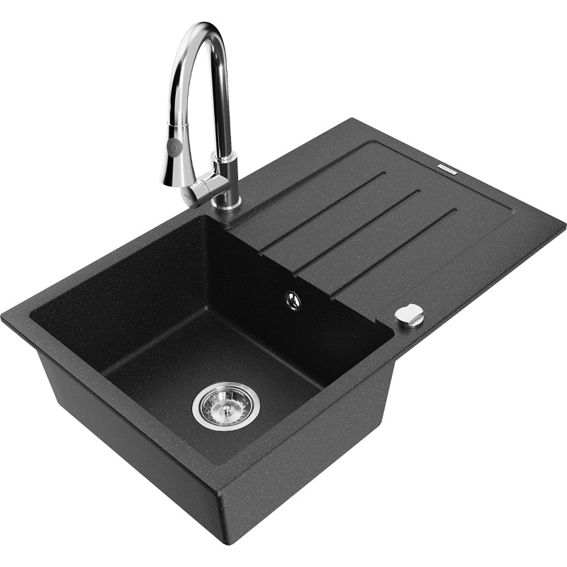 Mexen Bruno Granitspüle 1-Becken mit Abtropffläche und Küchenarmatur Elia, schwarz/silber metallic - 6513-73-670101-00