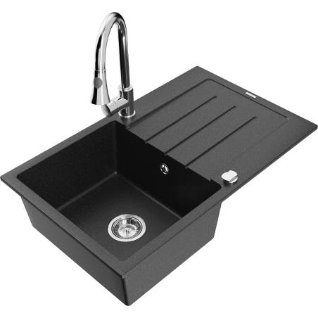 Mexen Bruno Granitspüle 1-beckig mit Abtropffläche und Küchenarmatur Elia, schwarz/silber Metallic - 6513-73-670101-00