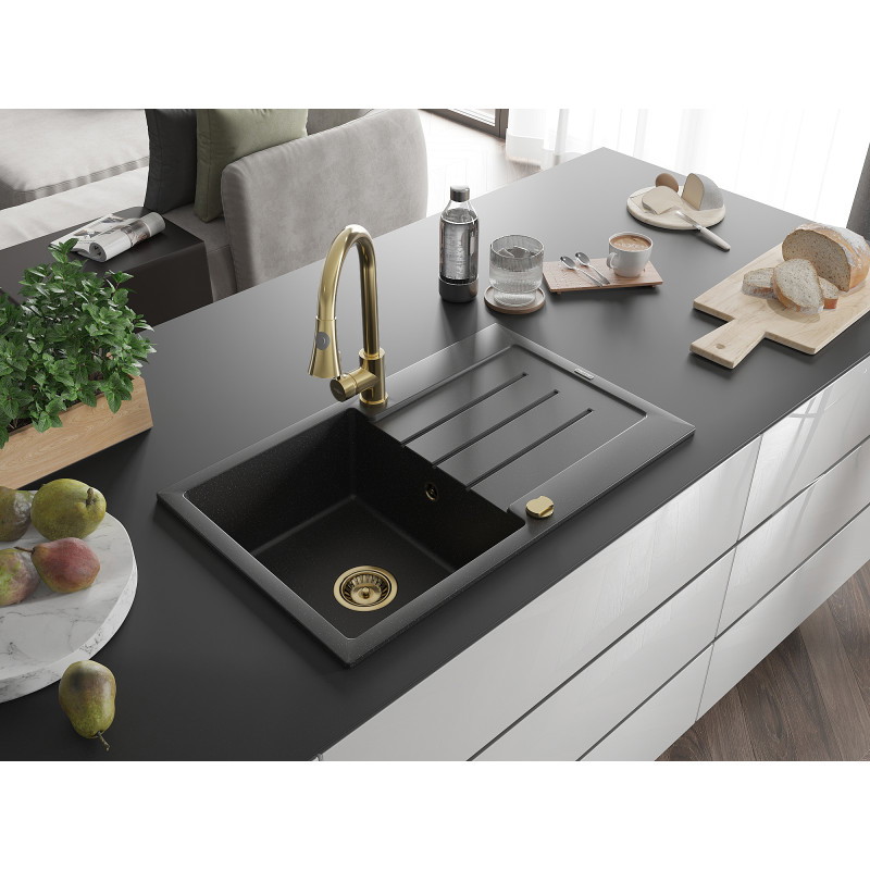 Mexen Bruno Granitspüle 1-Becken mit Abtropffläche und Küchenarmatur Elia, schwarz/silber Metalleffekt - 6513-73-670101-50