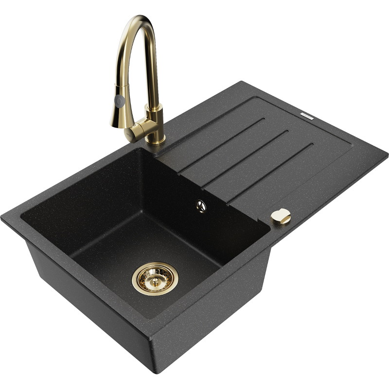 Mexen Bruno Granitspüle 1-Kammer mit Abtropffläche und Küchenarmatur Elia, schwarz/silber metallic - 6513-73-670101-50