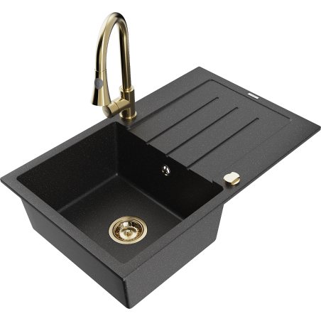 Mexen Bruno Granitspüle 1-Kammer mit Abtropffläche und Küchenarmatur Elia, schwarz/silber metallic - 6513-73-670101-50