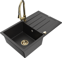 Mexen Bruno Granitspüle 1-Becken mit Abtropffläche und Küchenarmatur Elia, schwarz/silber Metalleffekt - 6513-73-670101-50