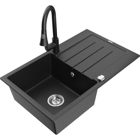 Mexen Bruno Granitspüle 1-Becken mit Abtropffläche und Küchenarmatur Elia, schwarz/silber metallik - 6513-73-670101-70