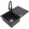 Mexen Bruno Granitspüle 1-Becken mit Abtropffläche und Küchenarmatur Elia, schwarz/silber metallik - 6513-73-670101-70