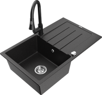 Mexen Bruno Granitspüle 1-Becken mit Abtropffläche und Küchenarmatur Elia, schwarz/silber metallik - 6513-73-670101-70