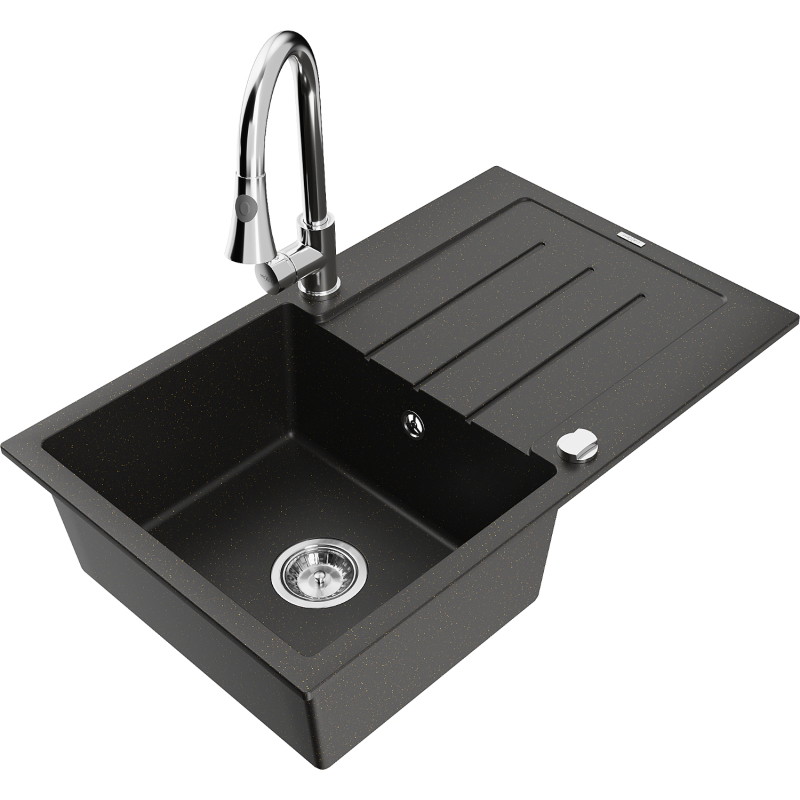 Mexen Bruno Granitspüle 1-Becken mit Abtropffläche und Küchenarmatur Elia, schwarz/gold metallic - 6513-75-670101-00