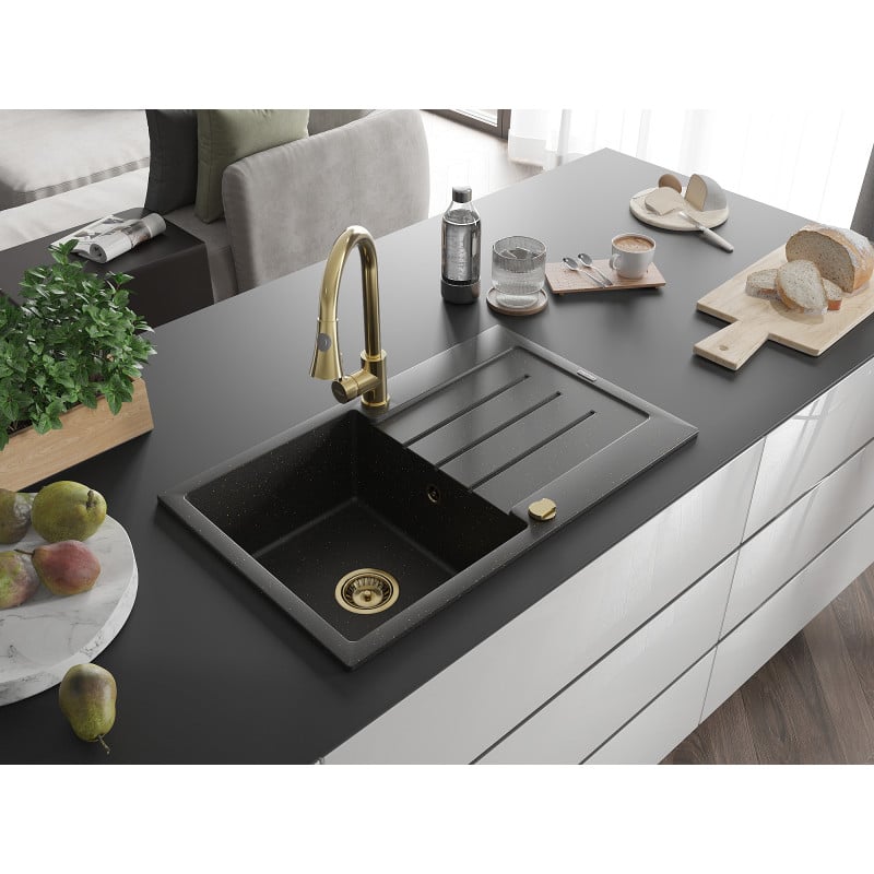 Mexen Bruno Granitspüle 1-Becken mit Abtropffläche und Küchenarmatur Elia, schwarz/gold metallic - 6513-75-670101-50