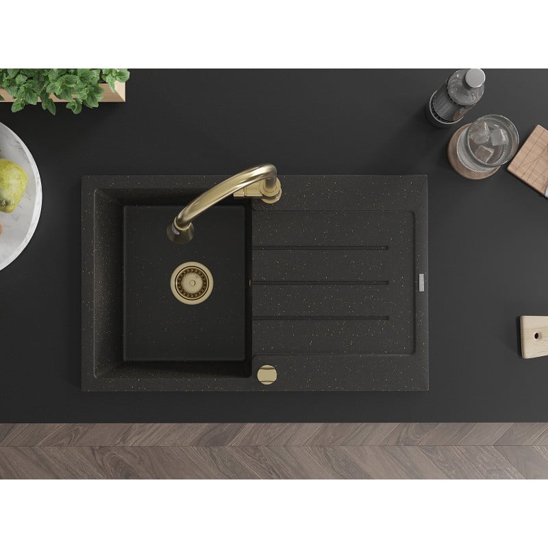 Mexen Bruno Granitspüle 1-Becken mit Abtropffläche und Küchenarmatur Elia, schwarz/gold metallic - 6513-75-670101-50