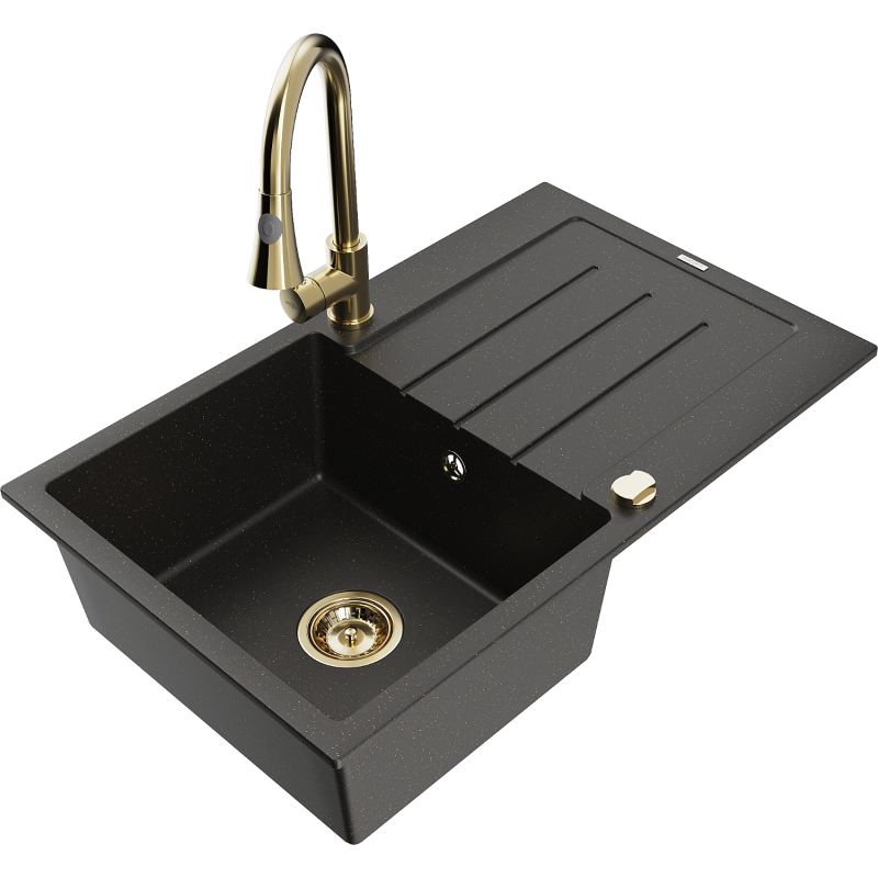 Mexen Bruno Granitspüle 1-Becken mit Abtropffläche und Küchenarmatur Elia, schwarz/gold metallic - 6513-75-670101-50