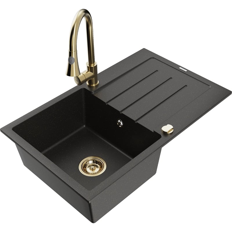 Mexen Bruno Granitspüle 1-beckig mit Abtropffläche und Küchenarmatur Elia, schwarz/gold Metallic - 6513-75-670101-50