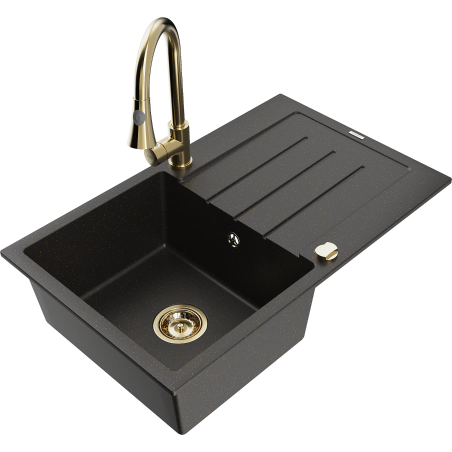 Mexen Bruno Granitspüle 1-Becken mit Abtropffläche und Küchenarmatur Elia, schwarz/gold metallic - 6513-75-670101-50