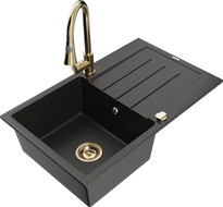 Mexen Bruno Granitspüle 1-Becken mit Abtropffläche und Küchenarmatur Elia, schwarz/gold metallic - 6513-75-670101-50