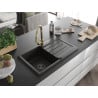 Mexen Bruno granitspüle 1-becken mit abtropffläche und Küchenarmatur Elia, schwarz/gold metallic - 6513-75-670101-50-B