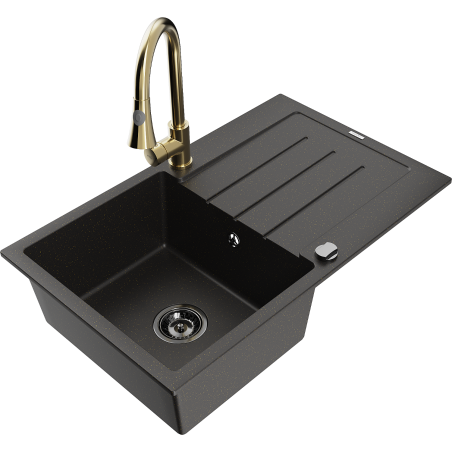 Mexen Bruno granitspüle 1-becken mit abtropffläche und Küchenarmatur Elia, schwarz/gold metallic - 6513-75-670101-50-B
