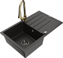 Mexen Bruno granitspüle 1-becken mit abtropffläche und Küchenarmatur Elia, schwarz/gold metallic - 6513-75-670101-50-B