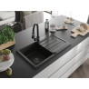 Mexen Bruno Granitspüle 1-Becken mit Abtropffläche und Küchenarmatur Elia, Schwarz/Gold Metallic - 6513-75-670101-70-B