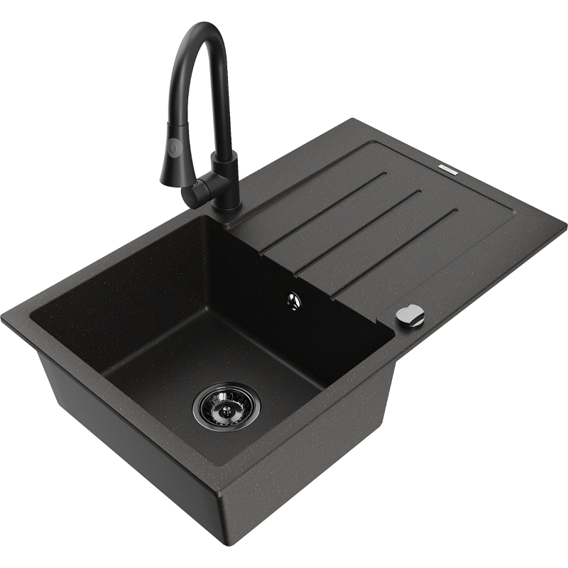 Mexen Bruno Granitspüle 1-Becken mit Abtropffläche und Küchenarmatur Elia, Schwarz/Gold Metallic - 6513-75-670101-70-B