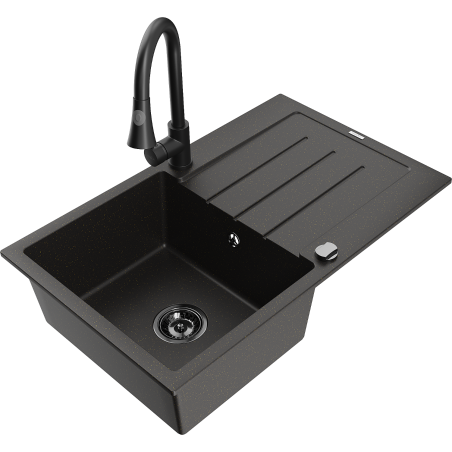 Mexen Bruno Granitspüle 1-Becken mit Abtropffläche und Küchenarmatur Elia, Schwarz/Gold Metallic - 6513-75-670101-70-B