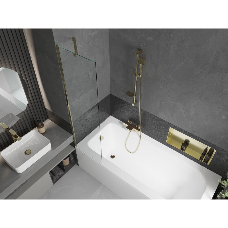 Mexen Vega Rechteckige Badewanne 170 x 70 cm mit Verkleidung und 1-flügeliger Abtrennung 50 cm, transparent, gold