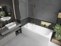 Mexen Vega Rechteckige Wanne 150 x 70 cm mit Verkleidung und 1-flügeliger Paravent 50 cm, transparent, gold