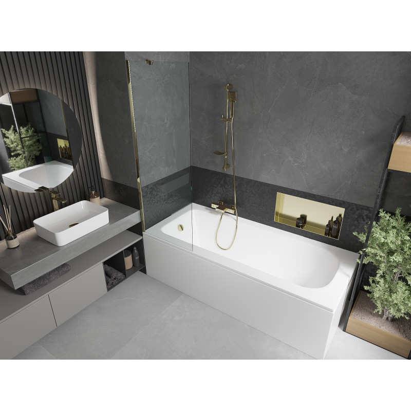 Mexen Vega Rechteckige Badewanne 180 x 80 cm mit Verkleidung und 1-flügeliger Trennwand 60 cm, transparent, gold