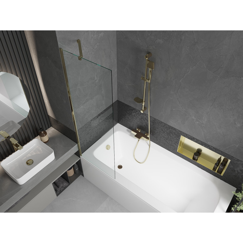 Mexen Vega Rechteckige Badewanne 160 x 70 cm mit Verkleidung und 1-flügeliger 60 cm Paravent, transparent, golden