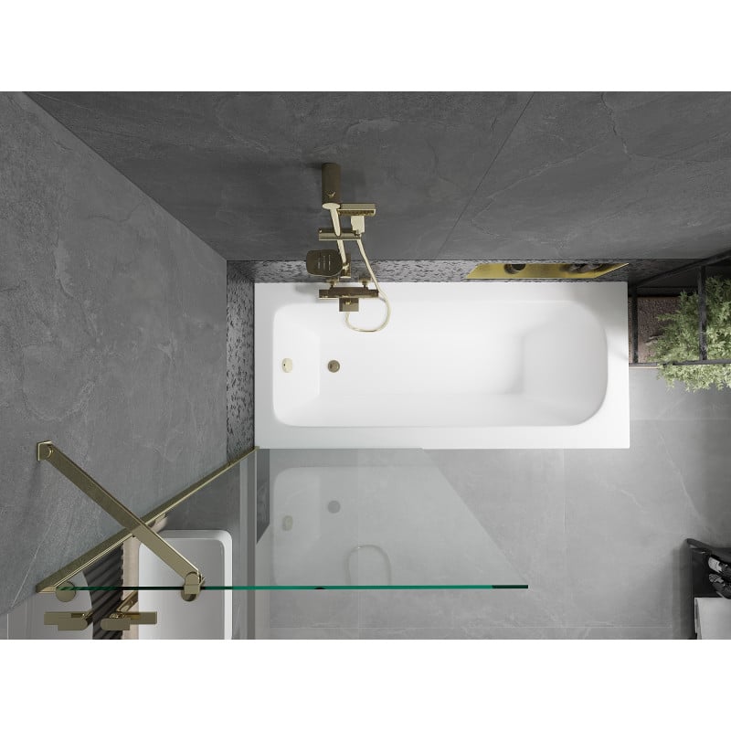 Mexen Vega Rechteckige Badewanne 170 x 70 cm mit Verkleidung und 1-flügeliger Trennwand 80 cm, transparent, goldfarben