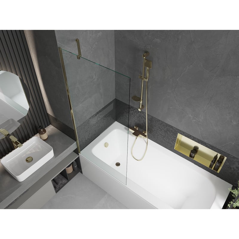 Mexen Vega Rechteckige Badewanne 180 x 80 cm mit Verkleidung und 1-flügeliger Duschwand 80 cm, transparent, gold